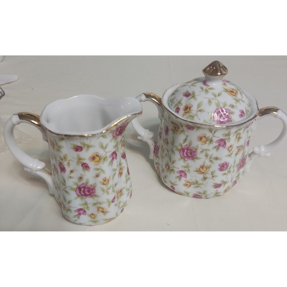 Vintage Chintz Sugar Bowl and Creamer Topline Imports Japan‎ Marked - 24/466